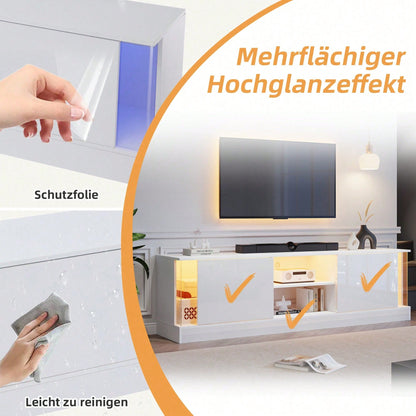 Weißer Hochglanz-TV-Schrank, geeignet für Fernseher bis 70 Zoll, bodenstehender TV-Ständer, Wohnzimmer-TV-Schrank mit LED-Aufbewahrungsfunktion