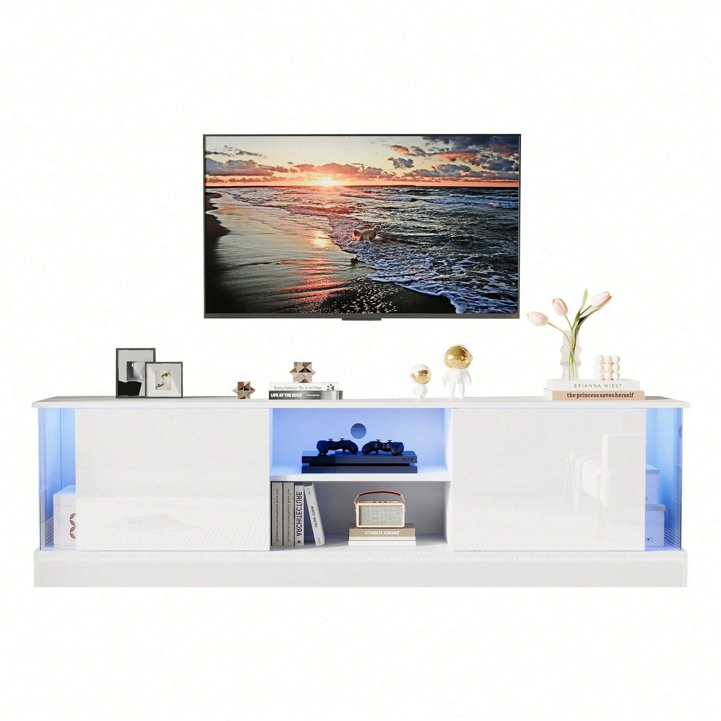 Weißer Hochglanz-TV-Schrank, geeignet für Fernseher bis 70 Zoll, bodenstehender TV-Ständer, Wohnzimmer-TV-Schrank mit LED-Aufbewahrungsfunktion