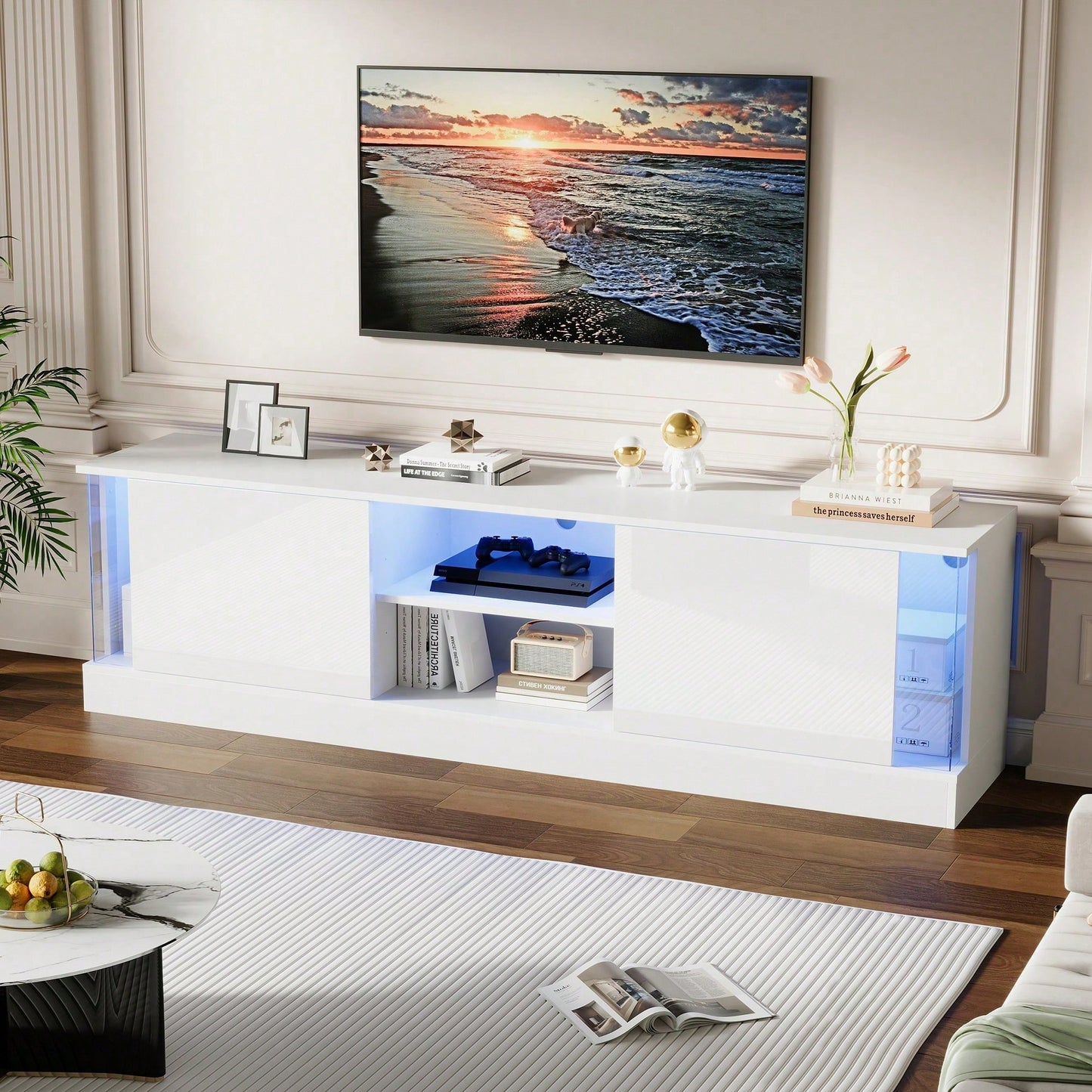 Weißer Hochglanz-TV-Schrank, geeignet für Fernseher bis 70 Zoll, bodenstehender TV-Ständer, Wohnzimmer-TV-Schrank mit LED-Aufbewahrungsfunktion