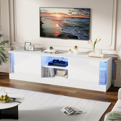 Weißer Hochglanz-TV-Schrank, geeignet für Fernseher bis 70 Zoll, bodenstehender TV-Ständer, Wohnzimmer-TV-Schrank mit LED-Aufbewahrungsfunktion