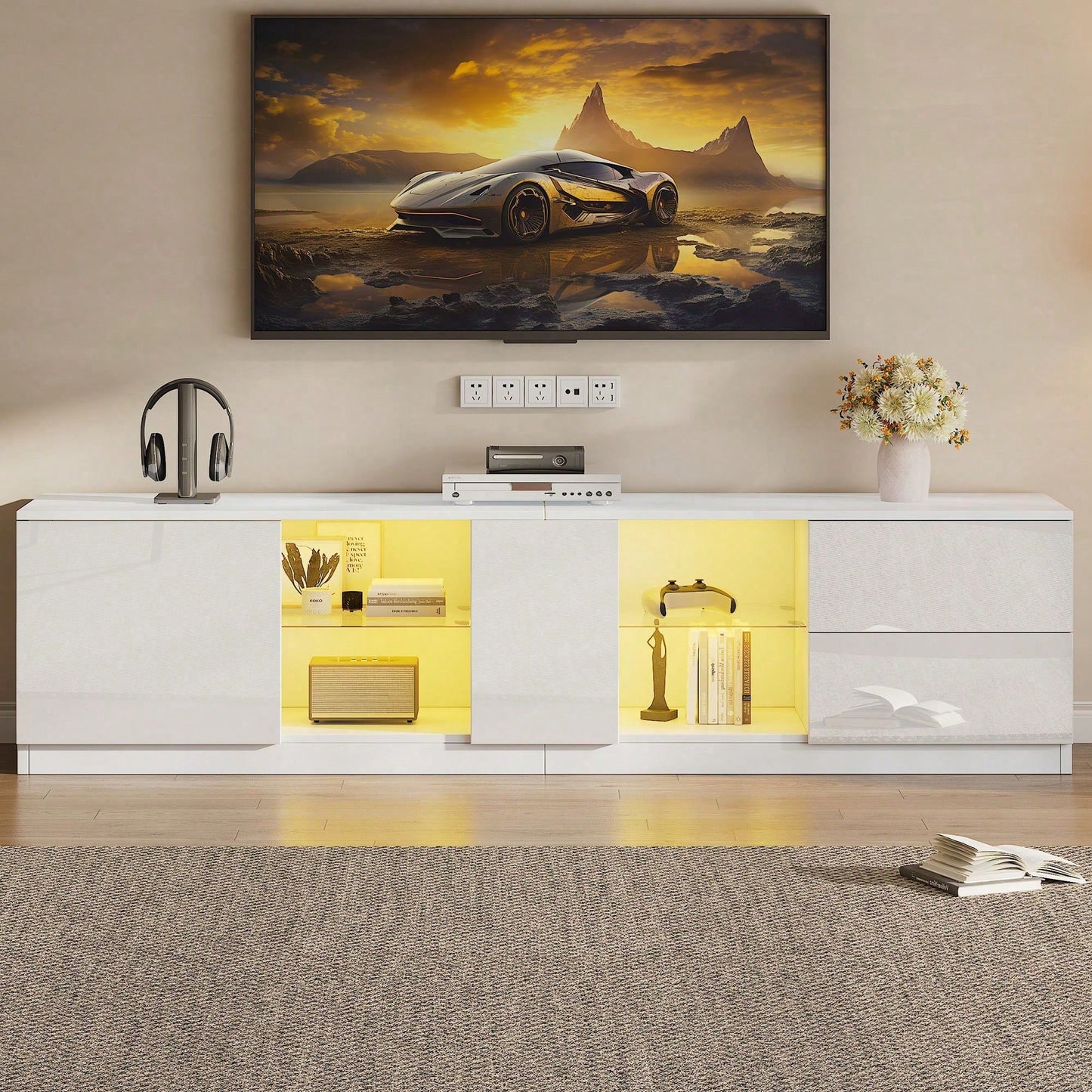 160 x 40 x 52 cm TV-Ständer, Hochglanz-Kommode, Sideboards mit LED-Beleuchtung, Lowboards passend für 65" Fernseher, geeignet für Wohnzimmer und Schlafzimmer