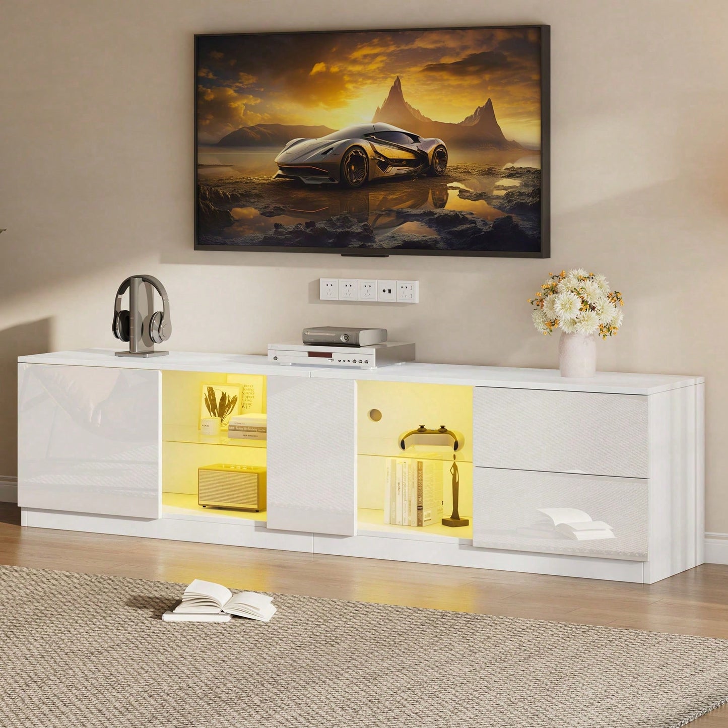 160 x 40 x 52 cm TV-Ständer, Hochglanz-Kommode, Sideboards mit LED-Beleuchtung, Lowboards passend für 65" Fernseher, geeignet für Wohnzimmer und Schlafzimmer