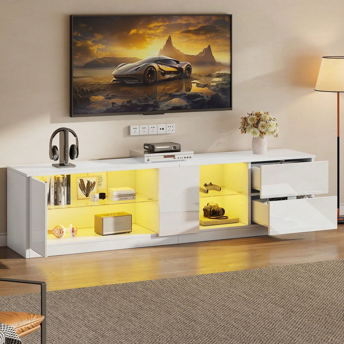 160 x 40 x 52 cm TV-Ständer, Hochglanz-Kommode, Sideboards mit LED-Beleuchtung, Lowboards passend für 65" Fernseher, geeignet für Wohnzimmer und Schlafzimmer