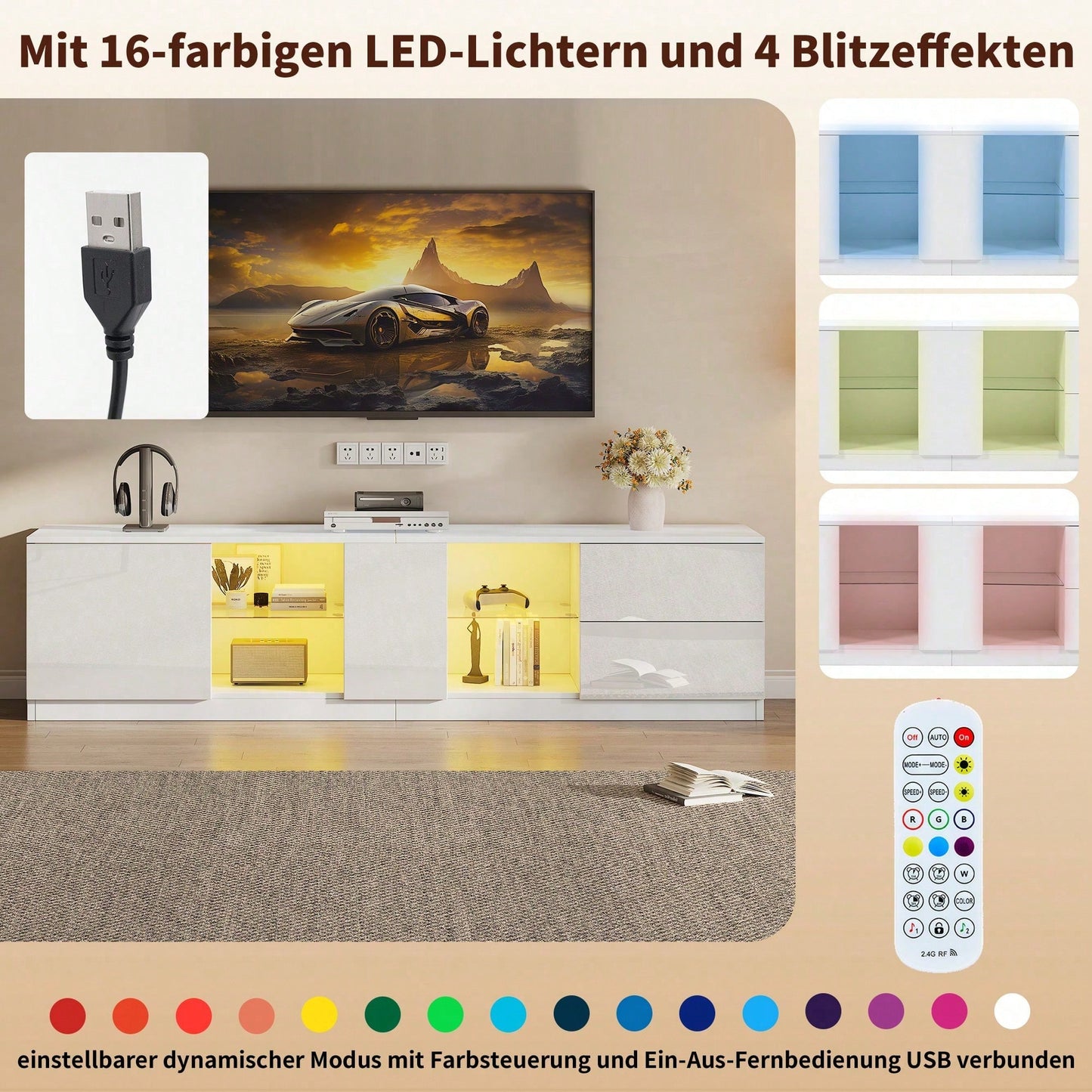 160 x 40 x 52 cm TV-Ständer, Hochglanz-Kommode, Sideboards mit LED-Beleuchtung, Lowboards passend für 65" Fernseher, geeignet für Wohnzimmer und Schlafzimmer