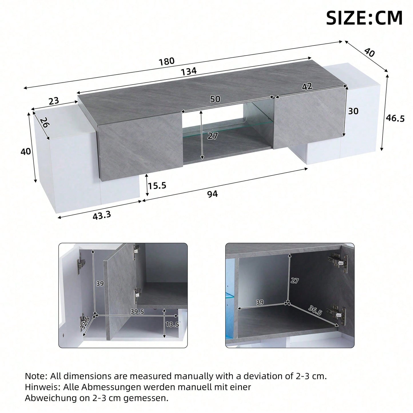 180 * 40 * 46.5cm einfacher weißer und grauer TV-Schrank, Lowboard TV Schrank geeignet für Wohnzimmer-TV-Schränke mit 60/65/70-Zoll-Fernsehern