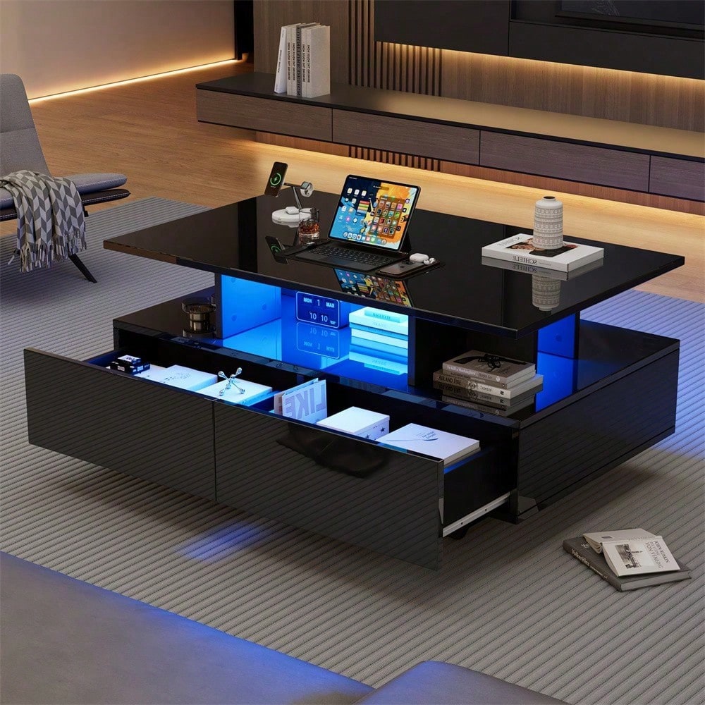 Modernes Hochglanz-Couchtisch mit LED-Beleuchtung und 2 Schubladen – Stilvoller 90x55x41 cm Beistelltisch mit Stauraum, Belastbar bis 30 kg