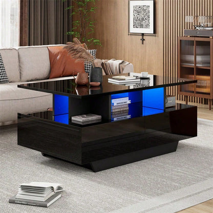 Modernes Hochglanz-Couchtisch mit LED-Beleuchtung und 2 Schubladen – Stilvoller 90x55x41 cm Beistelltisch mit Stauraum, Belastbar bis 30 kg