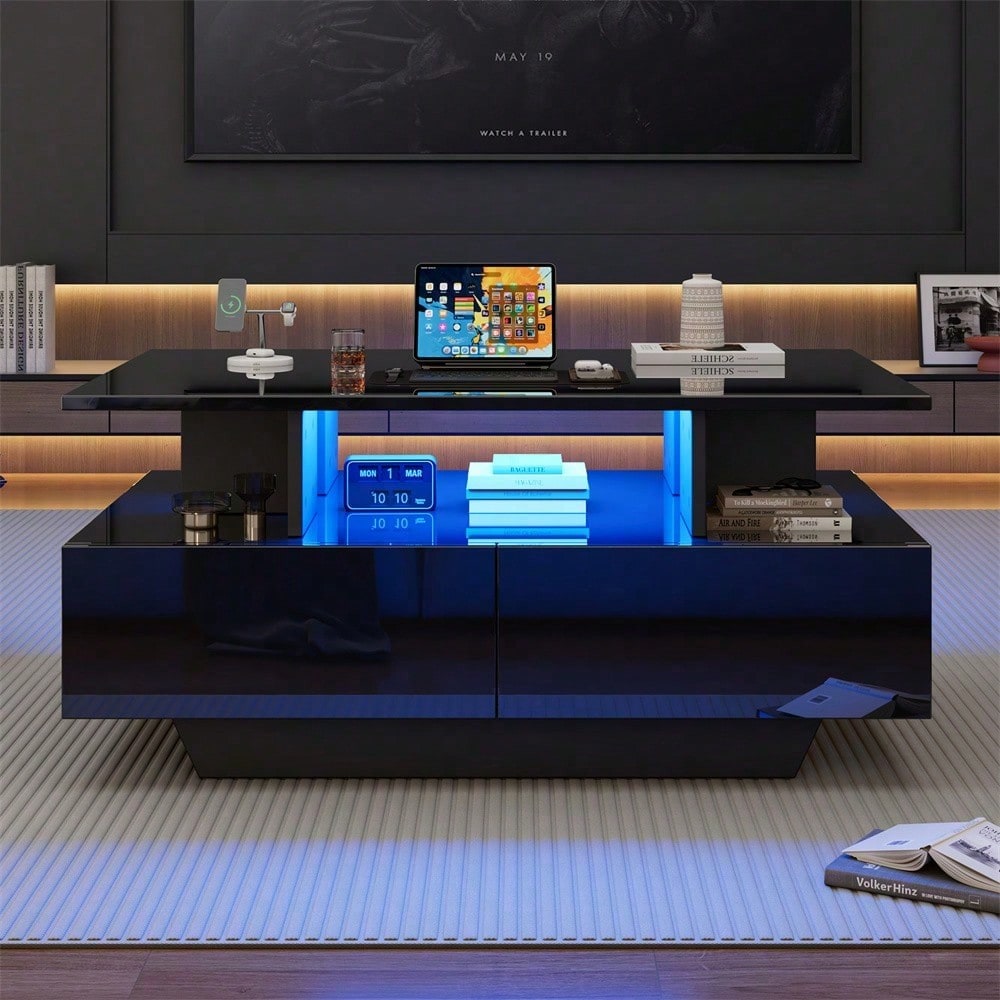 Modernes Hochglanz-Couchtisch mit LED-Beleuchtung und 2 Schubladen – Stilvoller 90x55x41 cm Beistelltisch mit Stauraum, Belastbar bis 30 kg