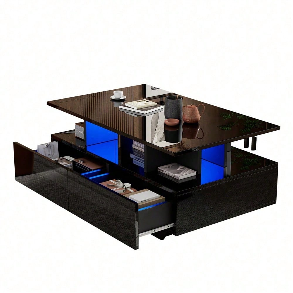 Modernes Hochglanz-Couchtisch mit LED-Beleuchtung und 2 Schubladen – Stilvoller 90x55x41 cm Beistelltisch mit Stauraum, Belastbar bis 30 kg