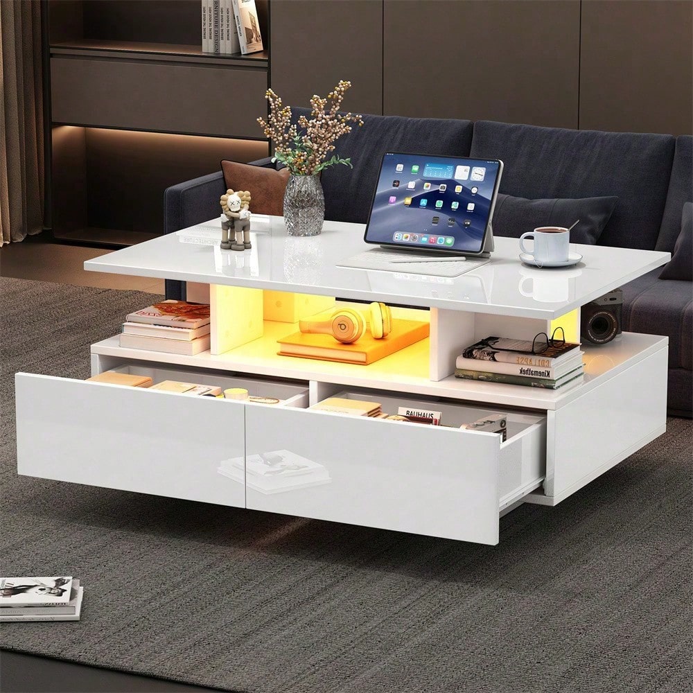 Modernes Hochglanz-Couchtisch mit LED-Beleuchtung und 2 Schubladen – Stilvoller 90x55x41 cm Beistelltisch mit Stauraum, Belastbar bis 30 kg