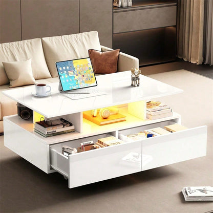 Modernes Hochglanz-Couchtisch mit LED-Beleuchtung und 2 Schubladen – Stilvoller 90x55x41 cm Beistelltisch mit Stauraum, Belastbar bis 30 kg