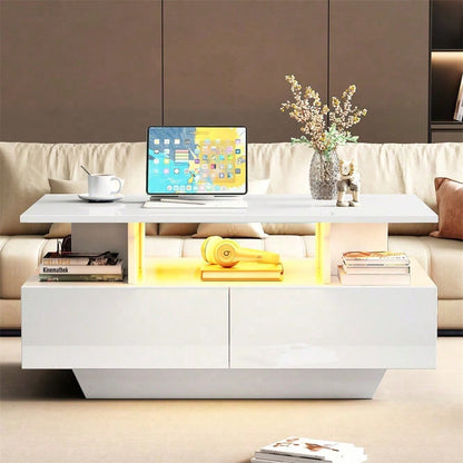 Modernes Hochglanz-Couchtisch mit LED-Beleuchtung und 2 Schubladen – Stilvoller 90x55x41 cm Beistelltisch mit Stauraum, Belastbar bis 30 kg