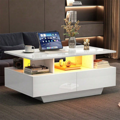 Modernes Hochglanz-Couchtisch mit LED-Beleuchtung und 2 Schubladen – Stilvoller 90x55x41 cm Beistelltisch mit Stauraum, Belastbar bis 30 kg