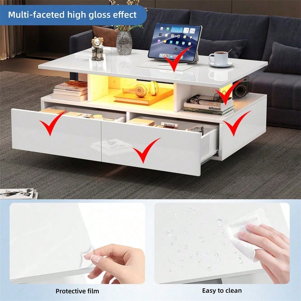 Modernes Hochglanz-Couchtisch mit LED-Beleuchtung und 2 Schubladen – Stilvoller 90x55x41 cm Beistelltisch mit Stauraum, Belastbar bis 30 kg