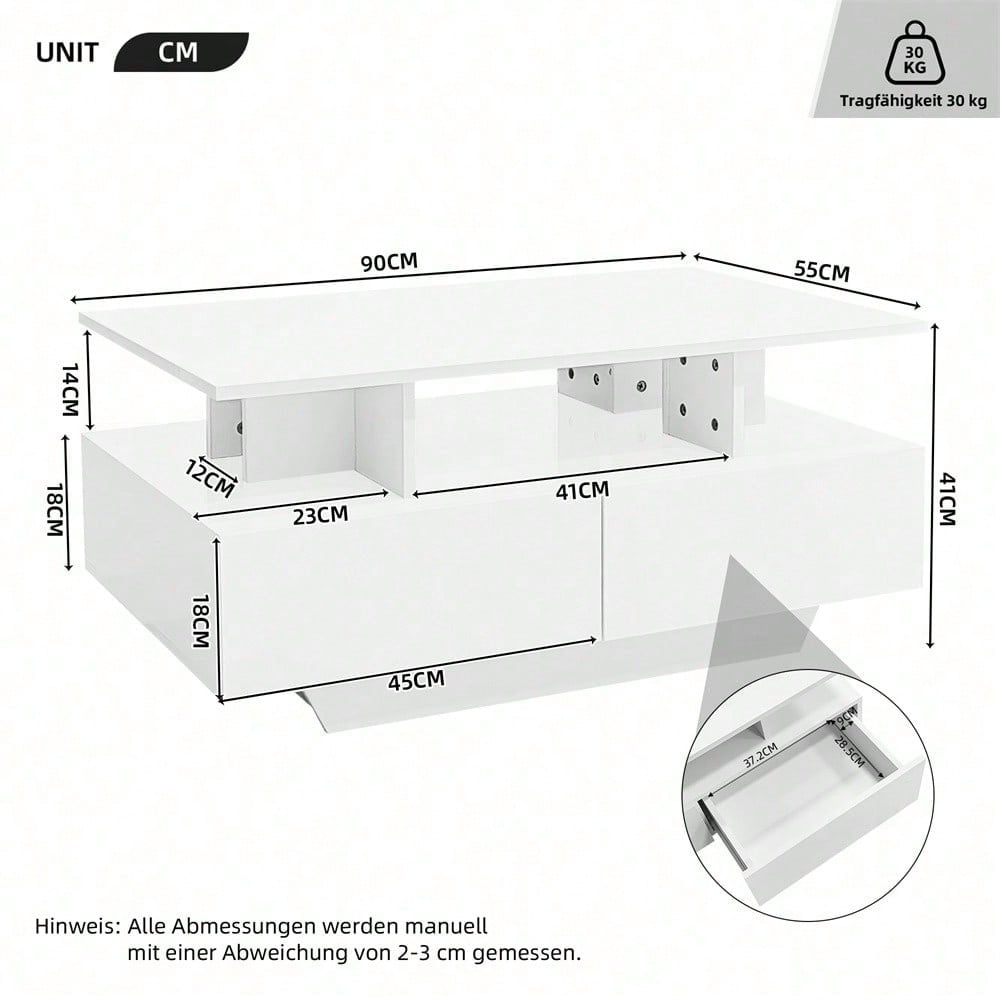 Modernes Hochglanz-Couchtisch mit LED-Beleuchtung und 2 Schubladen – Stilvoller 90x55x41 cm Beistelltisch mit Stauraum, Belastbar bis 30 kg