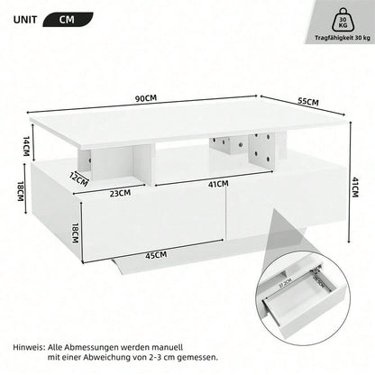 Modernes Hochglanz-Couchtisch mit LED-Beleuchtung und 2 Schubladen – Stilvoller 90x55x41 cm Beistelltisch mit Stauraum, Belastbar bis 30 kg