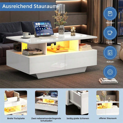 Modernes Hochglanz-Couchtisch mit LED-Beleuchtung und 2 Schubladen – Stilvoller 90x55x41 cm Beistelltisch mit Stauraum, Belastbar bis 30 kg