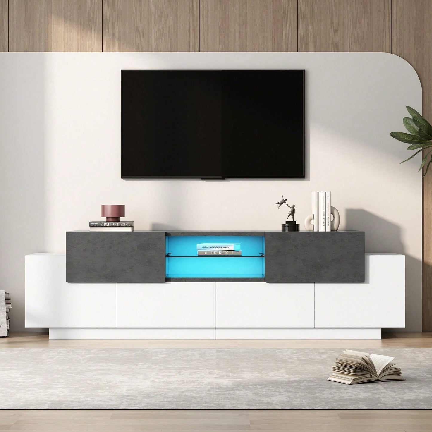 LED TV Schrank, TV-Kommode, Lowboard, Modernes TV-Unterhaltungszentrum mit Glasböden für Wohnzimmer, Schlafzimmer, TV-Konsole mit Lagerung, Gaming Media Cabinet für 80/75/70/65/55 Zoll TVs Weiß+Grau