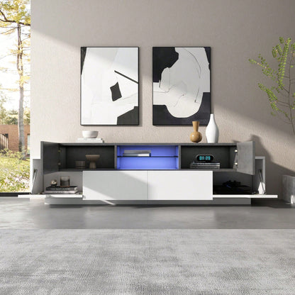 LED TV Schrank, TV-Kommode, Lowboard, Modernes TV-Unterhaltungszentrum mit Glasböden für Wohnzimmer, Schlafzimmer, TV-Konsole mit Lagerung, Gaming Media Cabinet für 80/75/70/65/55 Zoll TVs Weiß+Grau