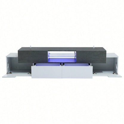 LED TV Schrank, TV-Kommode, Lowboard, Modernes TV-Unterhaltungszentrum mit Glasböden für Wohnzimmer, Schlafzimmer, TV-Konsole mit Lagerung, Gaming Media Cabinet für 80/75/70/65/55 Zoll TVs Weiß+Grau