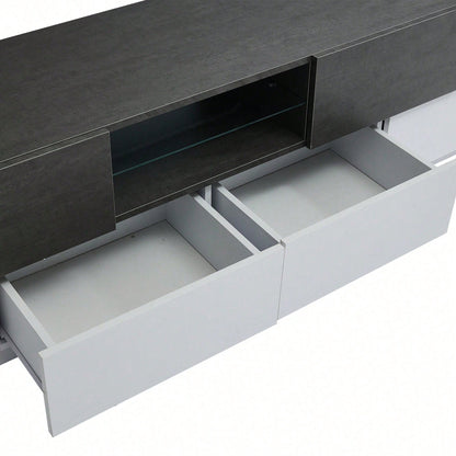LED TV Schrank, TV-Kommode, Lowboard, Modernes TV-Unterhaltungszentrum mit Glasböden für Wohnzimmer, Schlafzimmer, TV-Konsole mit Lagerung, Gaming Media Cabinet für 80/75/70/65/55 Zoll TVs Weiß+Grau