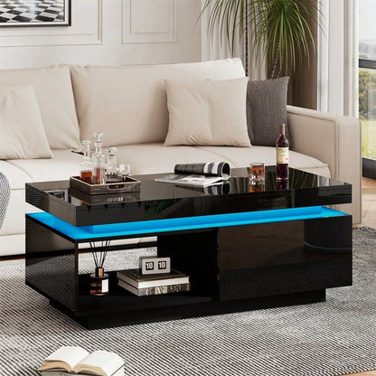 Moderner Hochglanz-Couchtisch mit LED-Beleuchtung, 100x50x40,3 cm – Eleganter Tisch mit Schublade und 50 kg Tragkraft