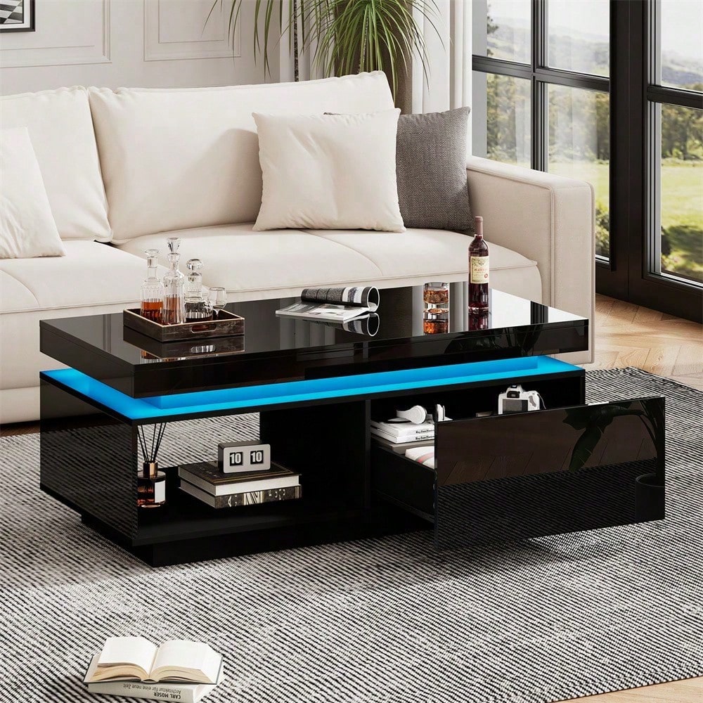 Moderner Hochglanz-Couchtisch mit LED-Beleuchtung, 100x50x40,3 cm – Eleganter Tisch mit Schublade und 50 kg Tragkraft