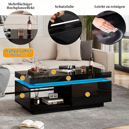 Moderner Hochglanz-Couchtisch mit LED-Beleuchtung, 100x50x40,3 cm – Eleganter Tisch mit Schublade und 50 kg Tragkraft