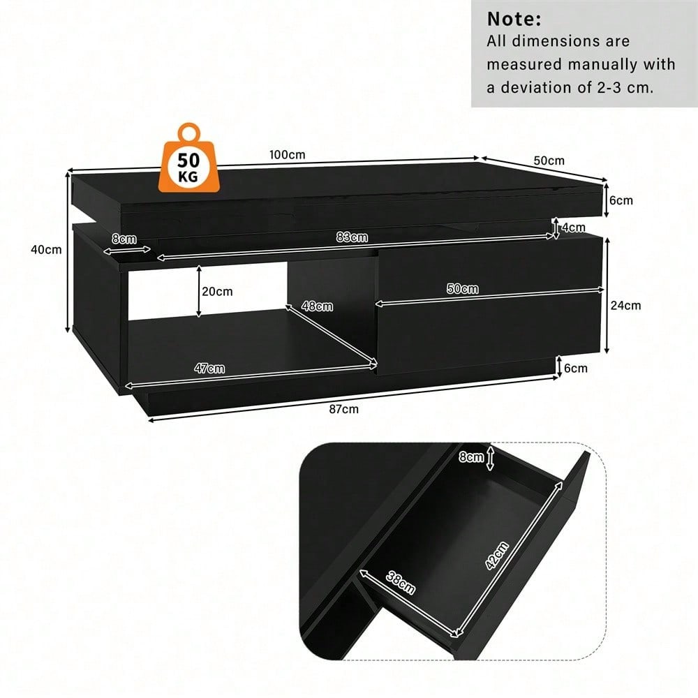 Moderner Hochglanz-Couchtisch mit LED-Beleuchtung, 100x50x40,3 cm – Eleganter Tisch mit Schublade und 50 kg Tragkraft