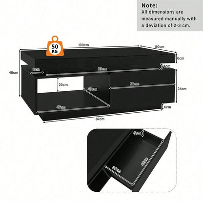 Moderner Hochglanz-Couchtisch mit LED-Beleuchtung, 100x50x40,3 cm – Eleganter Tisch mit Schublade und 50 kg Tragkraft