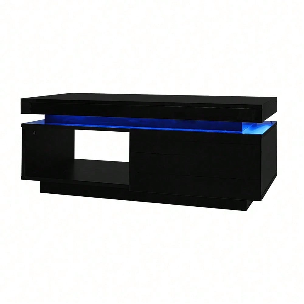 Moderner Hochglanz-Couchtisch mit LED-Beleuchtung, 100x50x40,3 cm – Eleganter Tisch mit Schublade und 50 kg Tragkraft