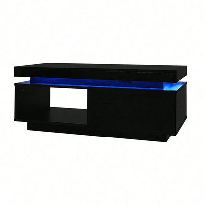 Moderner Hochglanz-Couchtisch mit LED-Beleuchtung, 100x50x40,3 cm – Eleganter Tisch mit Schublade und 50 kg Tragkraft