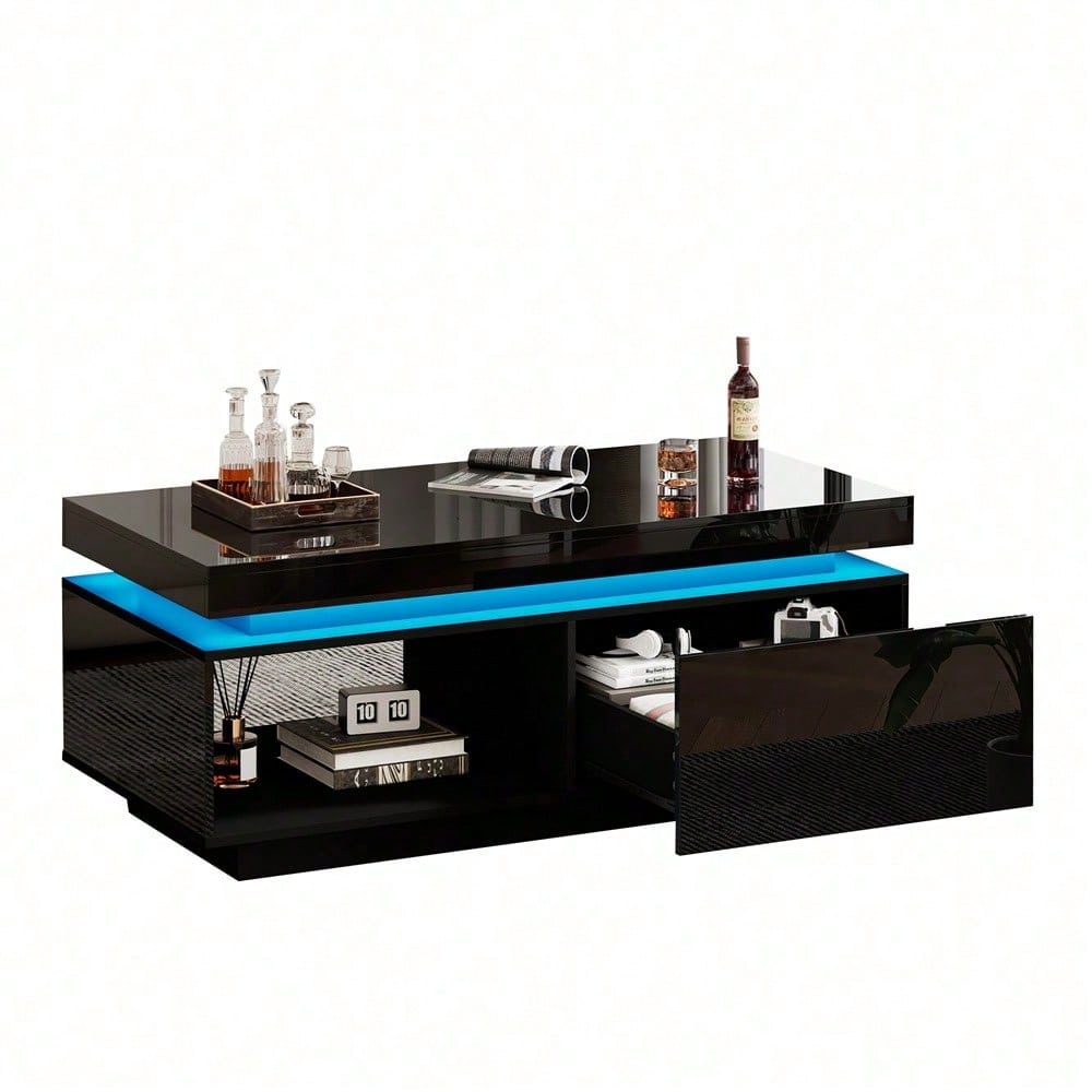 Moderner Hochglanz-Couchtisch mit LED-Beleuchtung, 100x50x40,3 cm – Eleganter Tisch mit Schublade und 50 kg Tragkraft