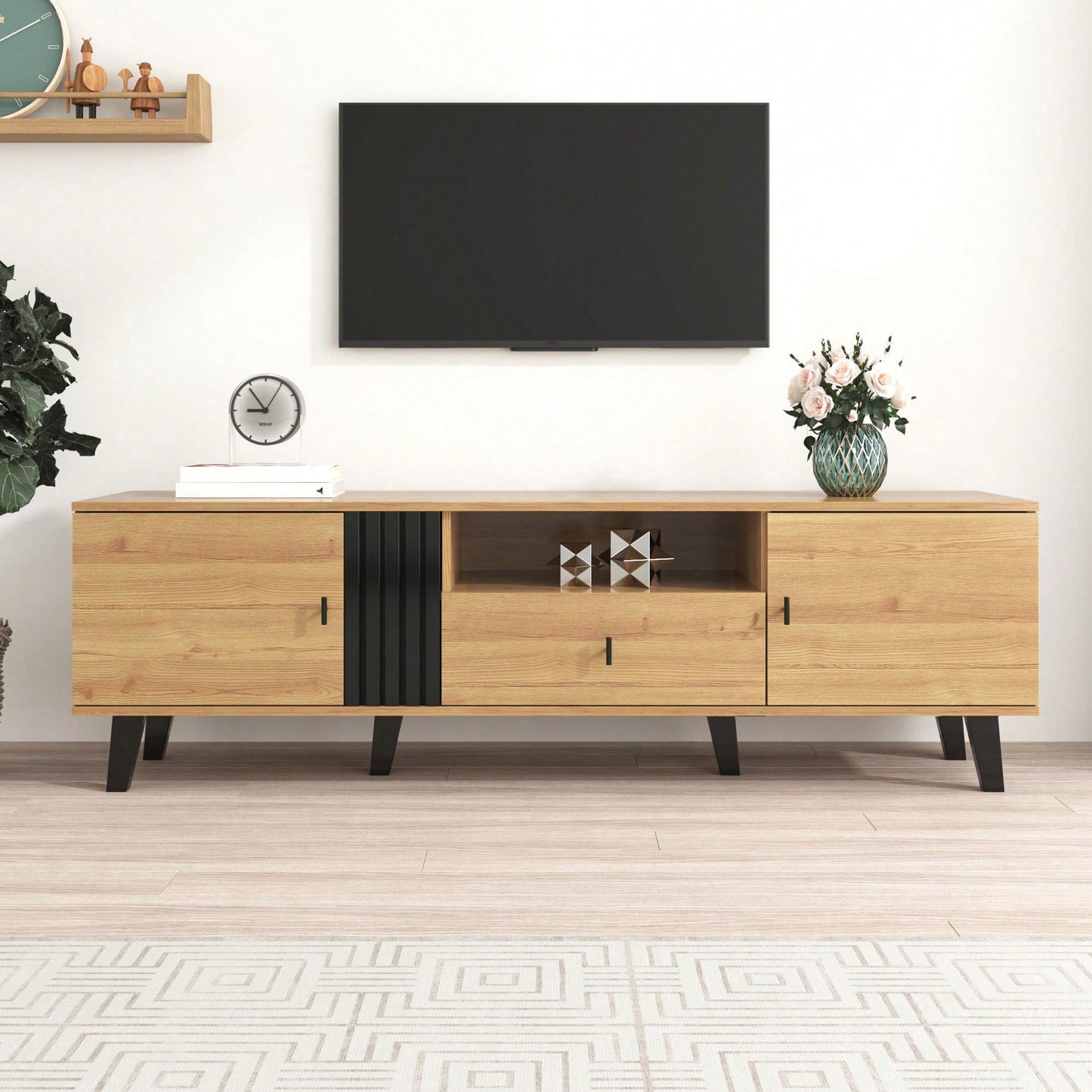 Stilvolle Eleganz: 170cm TV-Schrank mit Holz- und Schwarzdesign,TV-Möbel, Lowboard mit Schubladen, Vielfältige Aufbewahrungsfunktionen, einzigartiges Erscheinungsbild.