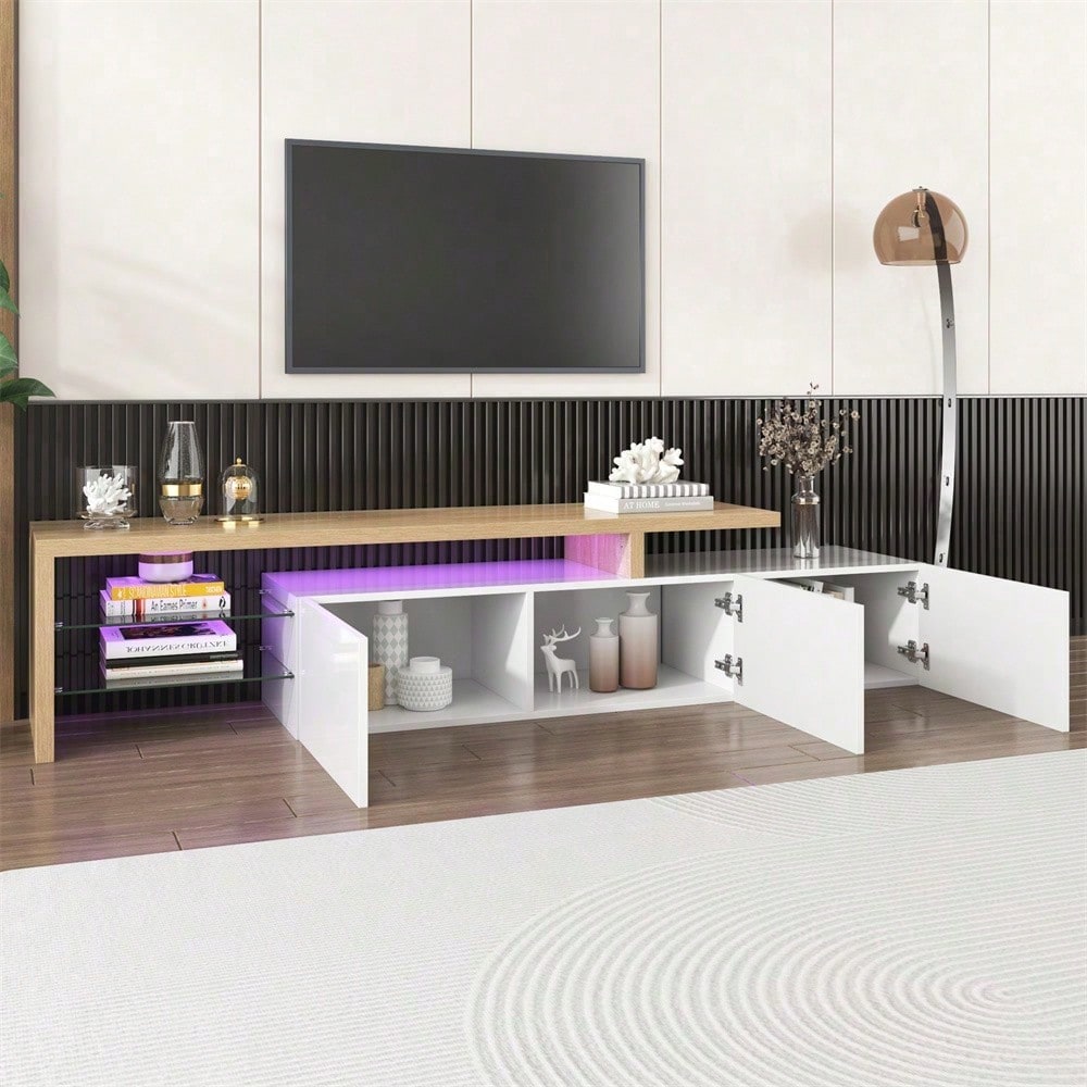 Modernes TV-Schrank-Design: Stilvolle Eleganz, praktischer Stauraum, Hochglanzweiß, Holzoptik, Glasböden, LED-Beleuchtung