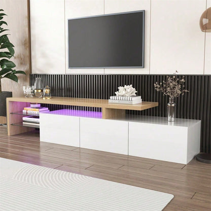 Modernes TV-Schrank-Design: Stilvolle Eleganz, praktischer Stauraum, Hochglanzweiß, Holzoptik, Glasböden, LED-Beleuchtung