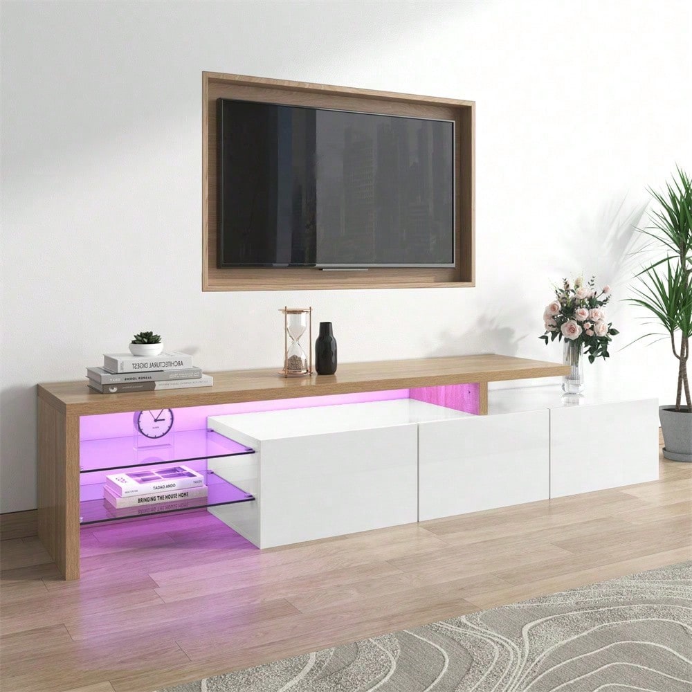 Modernes TV-Schrank-Design: Stilvolle Eleganz, praktischer Stauraum, Hochglanzweiß, Holzoptik, Glasböden, LED-Beleuchtung