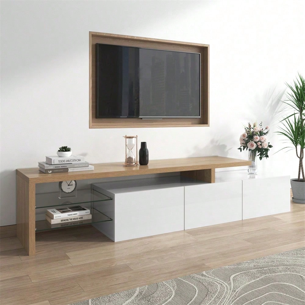 Modernes TV-Schrank-Design: Stilvolle Eleganz, praktischer Stauraum, Hochglanzweiß, Holzoptik, Glasböden, LED-Beleuchtung