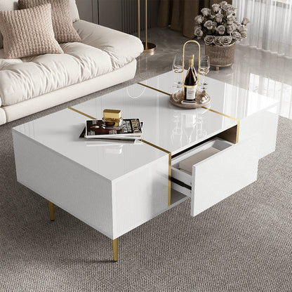 Weißer Couchtisch mit Hochglanz, modern und schlicht, mit 2 Schubladen
