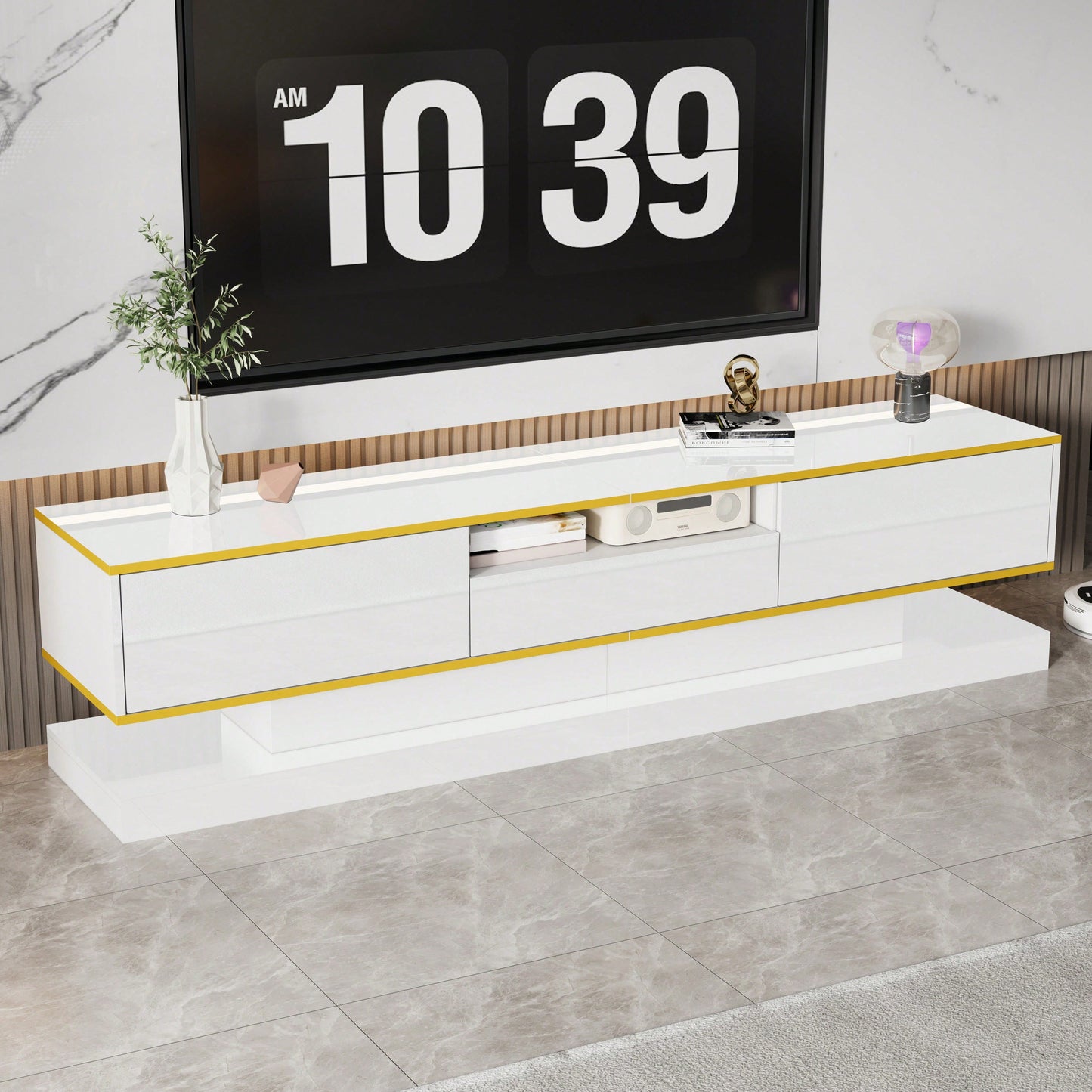 Moderner TV-Schrank mit drei Schubladen und einem offenen Fach - Hochglanz mit farbwechselnden LED-Leuchten, 180*38*45cm