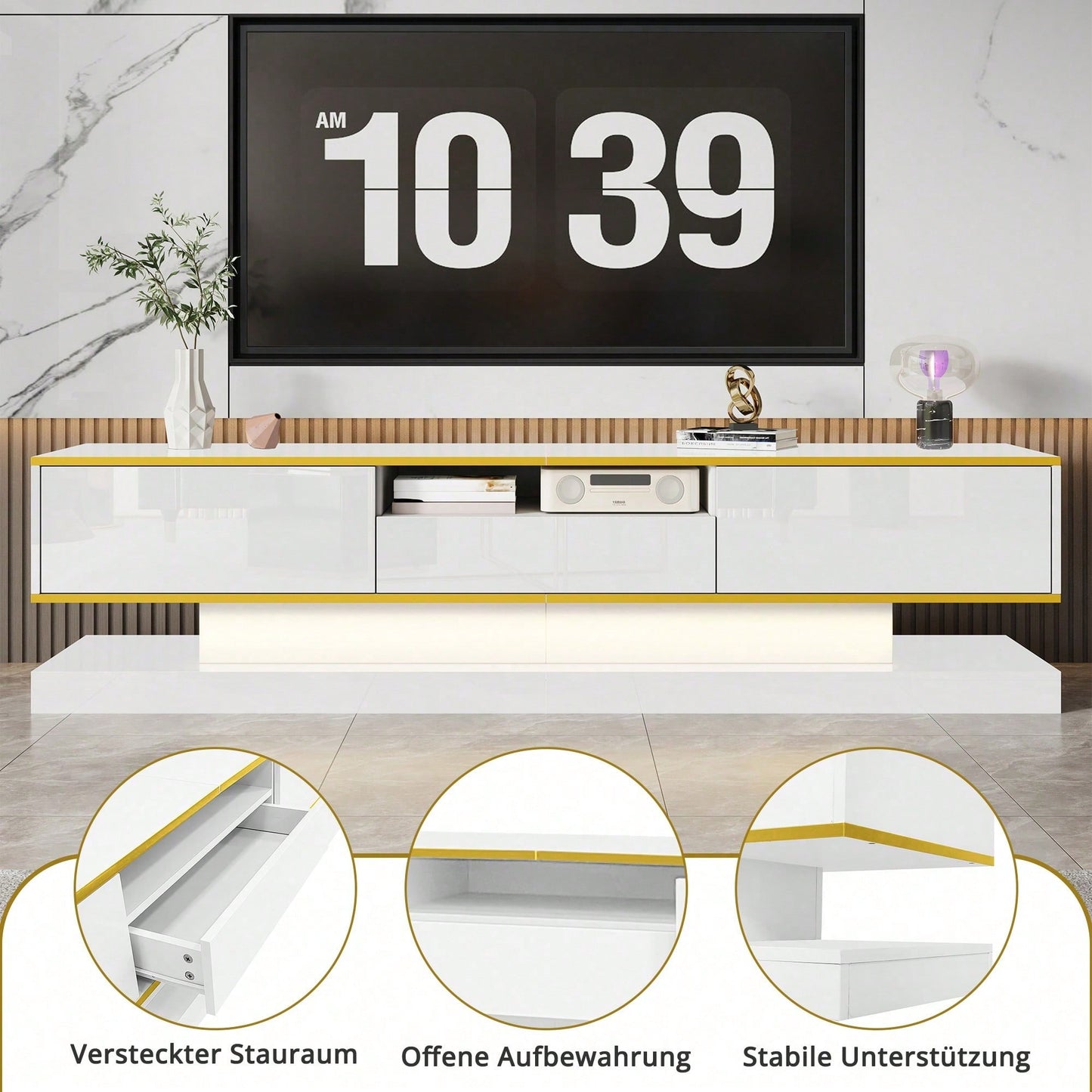 Moderner TV-Schrank mit drei Schubladen und einem offenen Fach - Hochglanz mit farbwechselnden LED-Leuchten, 180*38*45cm
