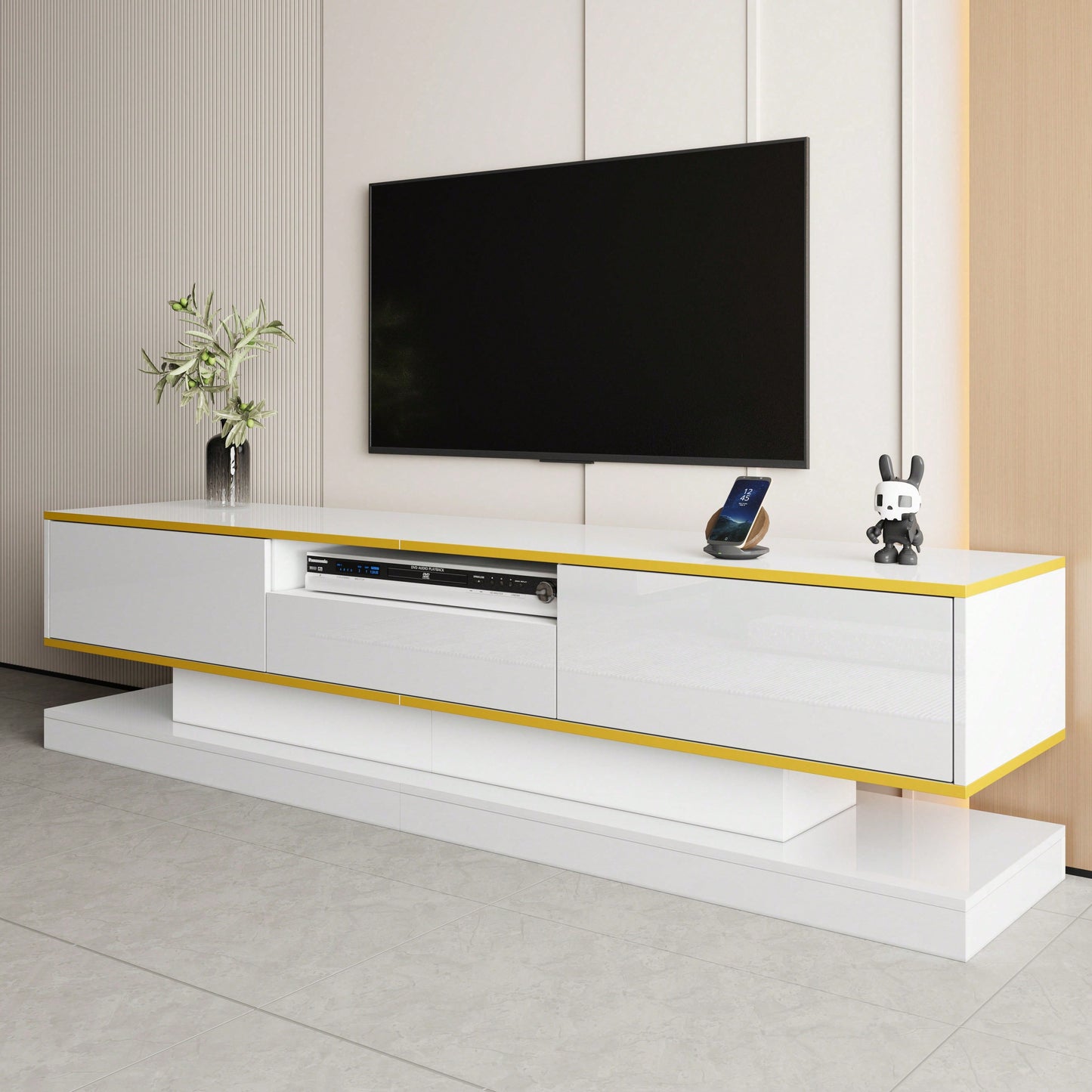 Moderner TV-Schrank mit drei Schubladen und einem offenen Fach - Hochglanz mit farbwechselnden LED-Leuchten, 180*38*45cm