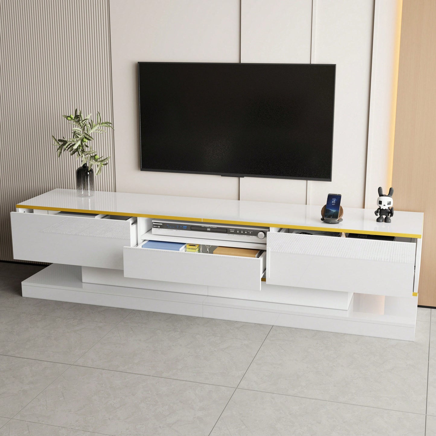 Moderner TV-Schrank mit drei Schubladen und einem offenen Fach - Hochglanz mit farbwechselnden LED-Leuchten, 180*38*45cm