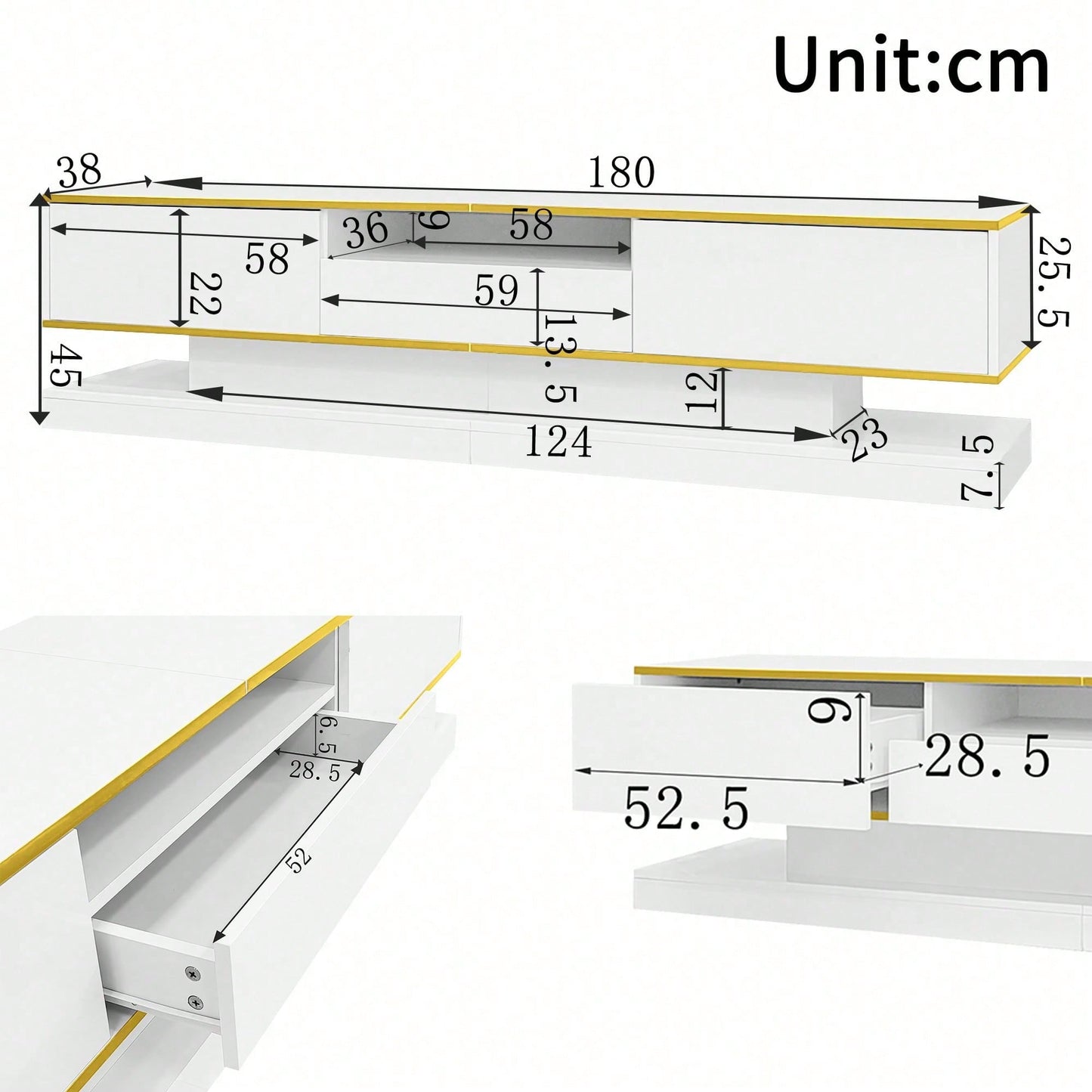 Moderner TV-Schrank mit drei Schubladen und einem offenen Fach - Hochglanz mit farbwechselnden LED-Leuchten, 180*38*45cm