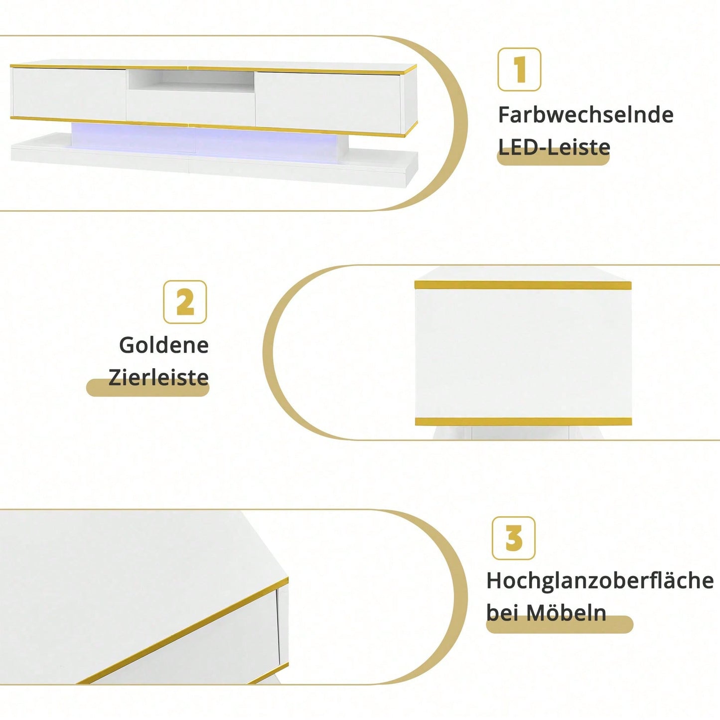 Moderner TV-Schrank mit drei Schubladen und einem offenen Fach - Hochglanz mit farbwechselnden LED-Leuchten, 180*38*45cm