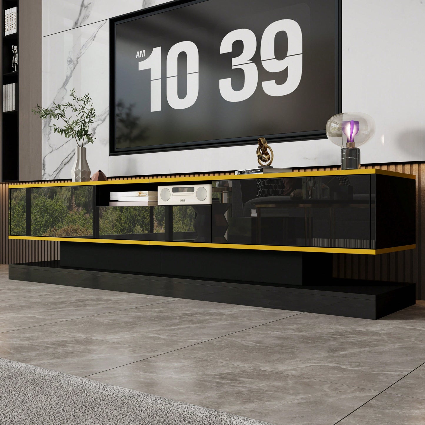 Moderner TV-Schrank mit drei Schubladen und einem offenen Fach - Hochglanz mit farbwechselnden LED-Leuchten, 180*38*45cm