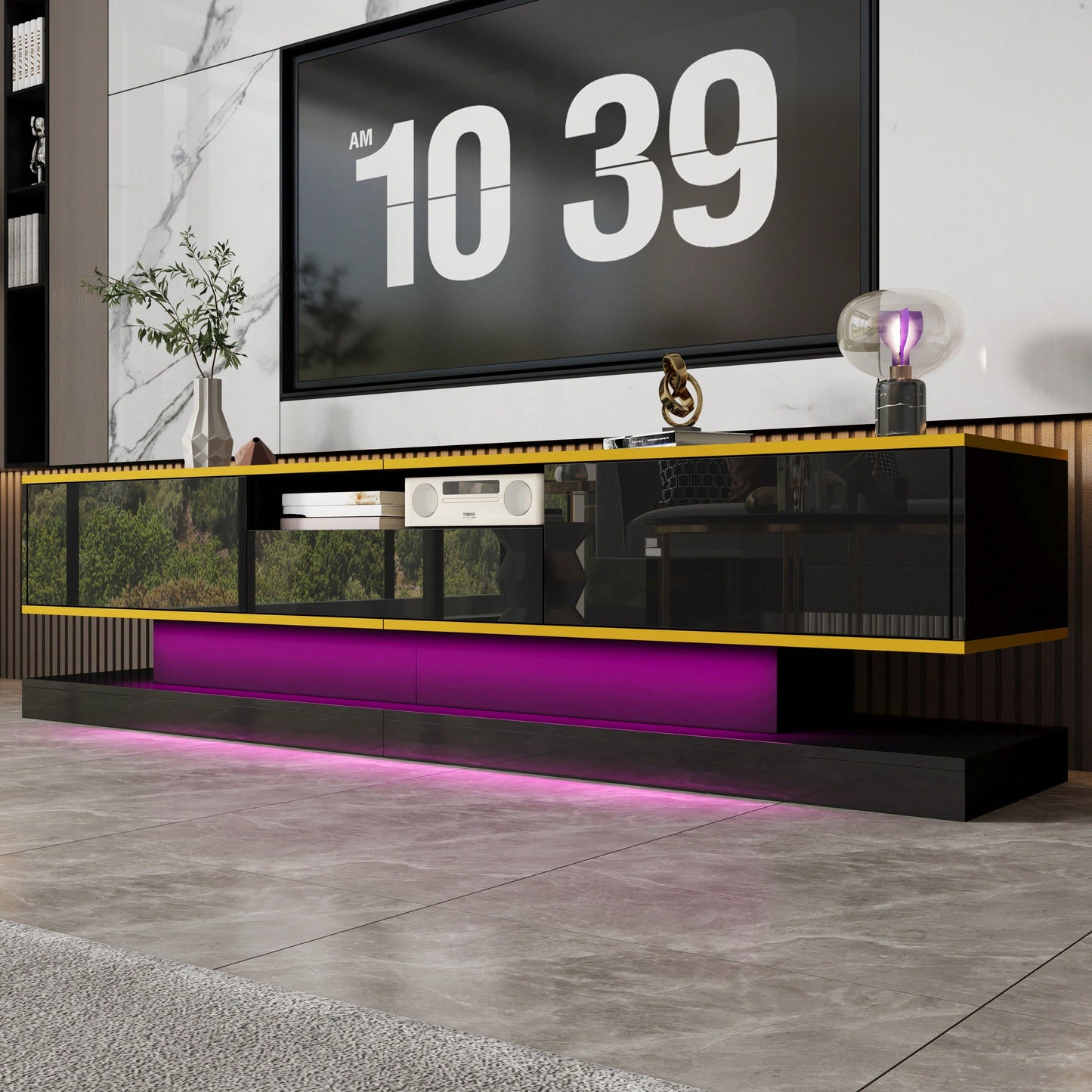 Moderner TV-Schrank mit drei Schubladen und einem offenen Fach - Hochglanz mit farbwechselnden LED-Leuchten, 180*38*45cm