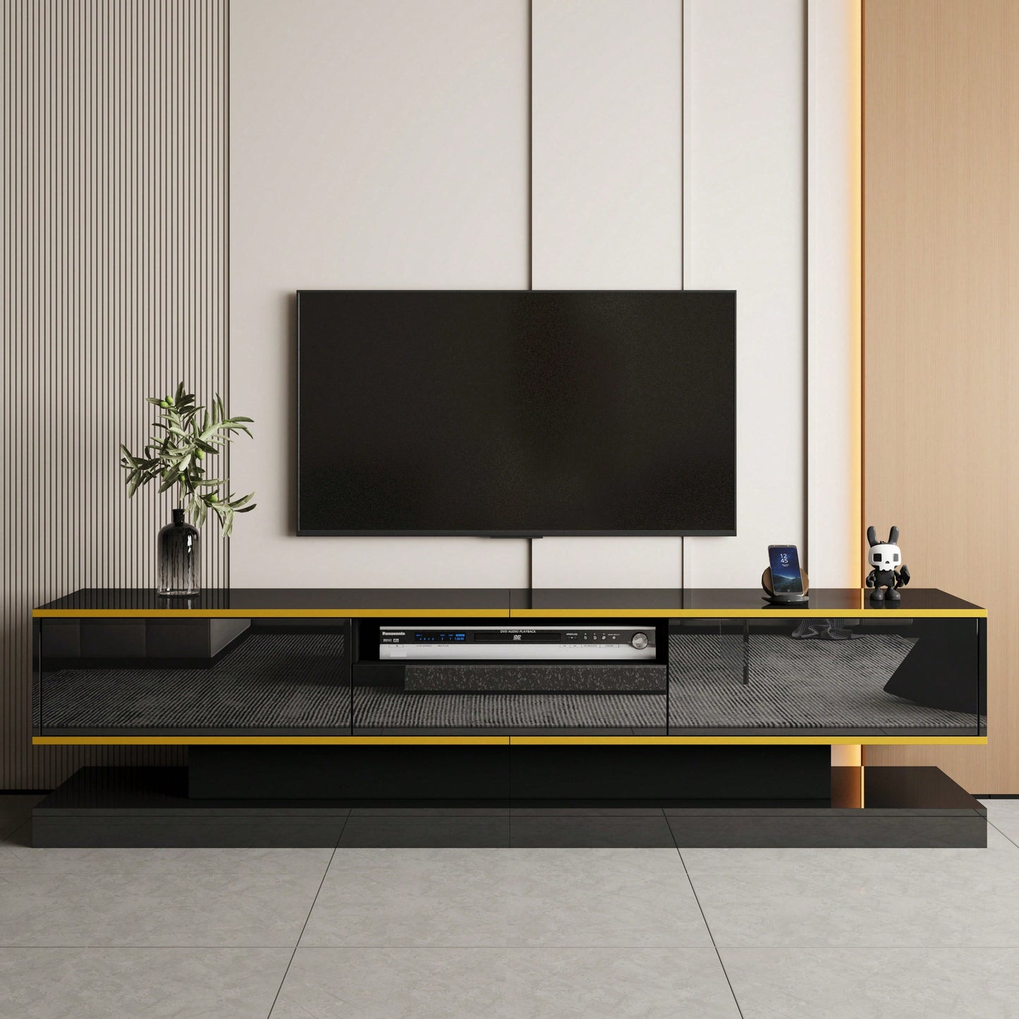 Moderner TV-Schrank mit drei Schubladen und einem offenen Fach - Hochglanz mit farbwechselnden LED-Leuchten, 180*38*45cm