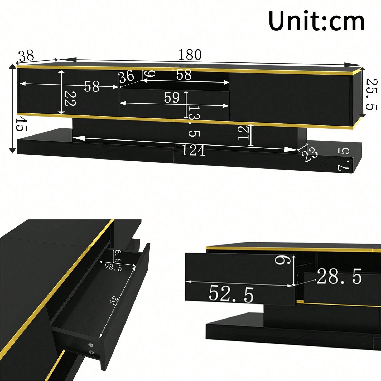 Moderner TV-Schrank mit drei Schubladen und einem offenen Fach - Hochglanz mit farbwechselnden LED-Leuchten, 180*38*45cm