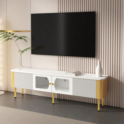 TV-Schrank mit Schubladen und speziell geformten Türverkleidungen, goldenen Griffen und Beinen, Bogenform